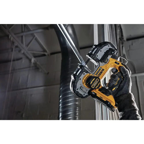 Worker using Atomic 20V Max Cordless Brushless Compact Bandsaw Bare Tool Only 1-3/4 Inch Cut Capacity for overhead metal cutting.