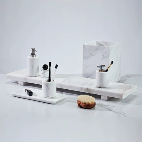 Lux Marble Wastebasket Real Stone Trash Can Rectangular Luxury Durable Bathroom Home Office Living Room Garbage Container With Sleek White Marble Look And Easy To Clean Finish displayed on a counter with matching accessories.