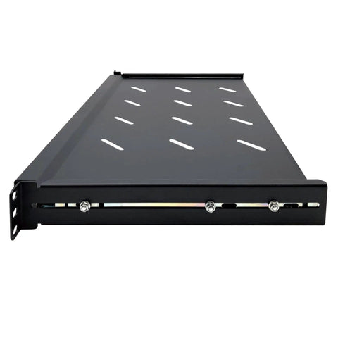 Fully Extendable 1U Keyboard Tray Universal 19 Rack Mount Sliding Console Shelf For Network Equipment Servers Featuring No Fuss Installation And Straight Up Durable Build Pack Of Two, showing top view of ventilated steel surface.
