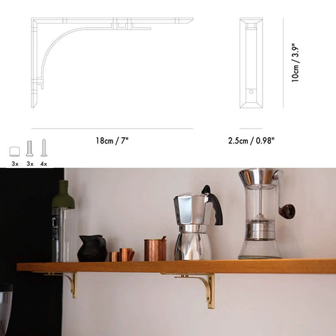Heavy Duty Shelf Brackets Wall Mount Kickass Brass Metal Supports used to hold a wooden shelf in a kitchen setting, 7" wide.