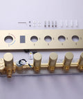 Straight Up Premium Dual Rain Shower System In Slick Brushed Gold Finish Featuring LED Ceiling Head Four Function Thermostatic Valve And Solid Brass Body, thermostatic valve control panel and body jets.