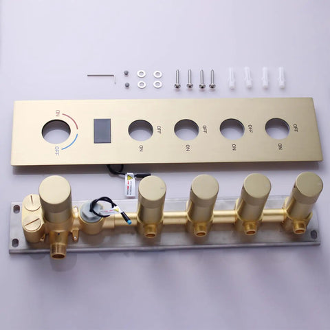 Straight Up Premium Dual Rain Shower System In Slick Brushed Gold Finish Featuring LED Ceiling Head Four Function Thermostatic Valve And Solid Brass Body, thermostatic valve control panel and body jets.