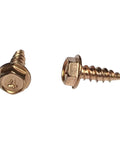 Self Piercing Half Inch Hex Head Sheet Metal Screws Hold Tight Like A Dream For Gutters And Downspouts Skip The Pre Drill Grind Punch In These Rock Solid Fasteners 25 Pack close-up view of copper plated hex head screw