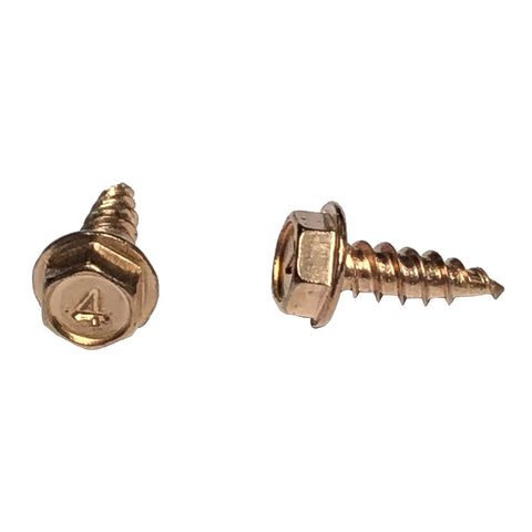 Self Piercing Half Inch Hex Head Sheet Metal Screws Hold Tight Like A Dream For Gutters And Downspouts Skip The Pre Drill Grind Punch In These Rock Solid Fasteners 25 Pack close-up view of copper plated hex head screw