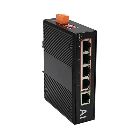 Rugged Industrial Five Port Gigabit PoE Switch With Four PoE Ports And One Uplink, Din Rail Mount Ethernet Hub, angled view