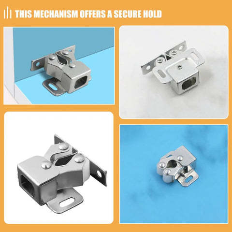 Stainless Steel Ball Catch Door Hardware For Cabinets And Cupboards Smooth Effortless Opening And Closing Easy To Install Silver Roller Catch Kit 15 Piece Cabinet Latch Set shown in various angles.