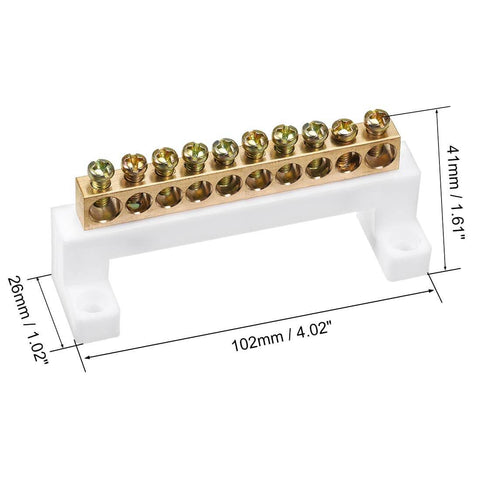 Ten Position Terminal Block Connector Bar In A Single Row With High Bridge Design Solid Copper And Plastic Construction Two Pack Durable And Easy To Install For Electrical Wiring And Barrier Applications, showing full dimensions