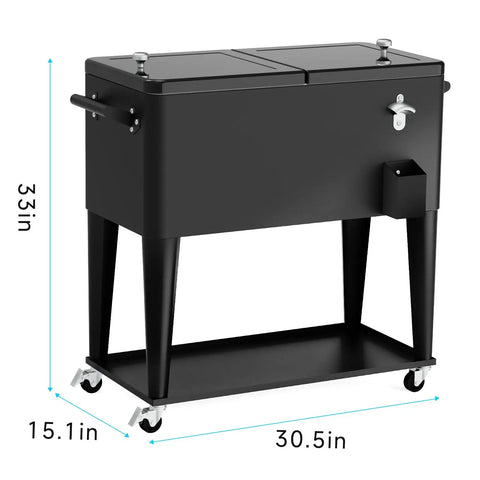 80 Quart Rolling Ice Chest Cart Portable Outdoor Beverage Cooler With Bottle Opener And Cap Collector And Storage Shelf For Patio Party Barbecue Beach Activities Black, 33x30.5x15.1 inches
