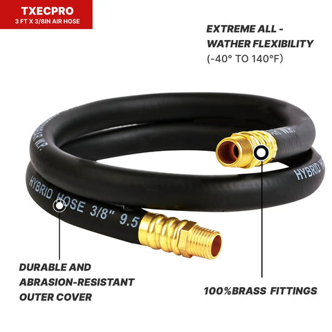 Tough As Nails Air Compressor Whip Hose 3/8 Inch By 3 Feet with 100% brass fittings and flexible abrasion-resistant cover.