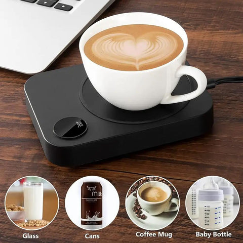Smart Desk Mug Warmer With Three Adjustable Heat Modes And Built In Safety Timer For Auto Shut Off, white cup on black warmer.