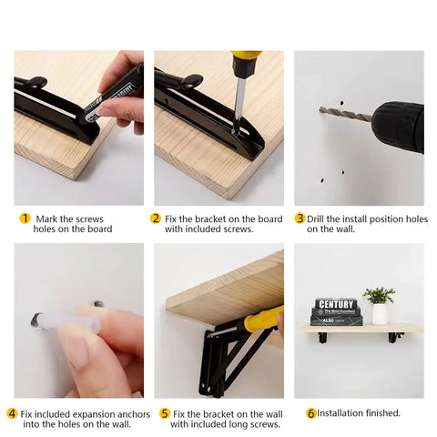Installation steps of Beefy Heavy Duty Folding Shelf Brackets 12 Inch 6 Pack Black Wall Mounted Collapsible Brackets
