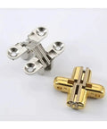 Two open and closed four pack hidden concealed barrel cross door hinges in silver and gold finish with built-in bearing for smooth opening.