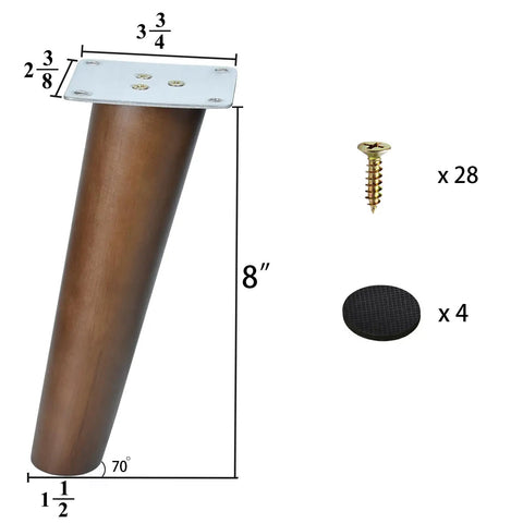 Angled 8 Inch Slanted Wood Furniture Legs Set Of 4 For Ottomans Benches And Coffee Tables In Walnut Finish with hardware