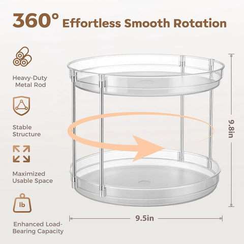 Two Pack Two Tier Clear Acrylic Lazy Susan Turntable Organizer, 9.5in diameter, 9.8in tall for kitchen and bathroom use.