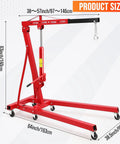 Heavy Duty Folding Hydraulic Engine Hoist With Auto Leveler, 4400 Lbs Portable Cherry Picker, red, displaying product size dimensions.