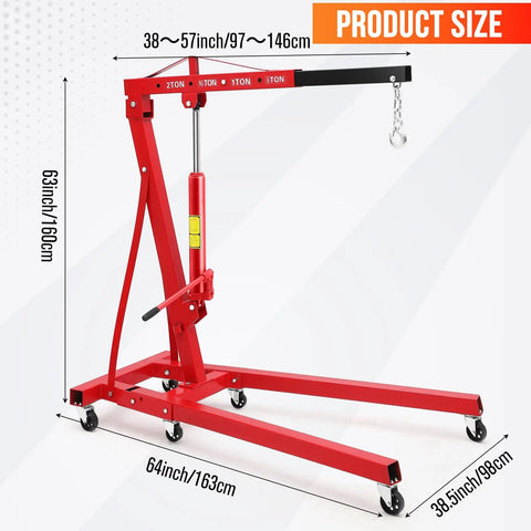 Heavy Duty Folding Hydraulic Engine Hoist With Auto Leveler, 4400 Lbs Portable Cherry Picker, red, displaying product size dimensions.