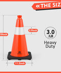 Eight Pack 18 Inch Traffic Safety Cones With Heavy Weighted Base, Bright Orange PVC With 360 Reflective Collar, size details shown