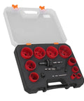 Heavy Duty Universal Hole Saw Kit For Metal Wood Plastic Cutting 3/4 To 2 Point Five In in case, red saw cups and drill bits