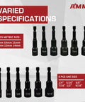 Magnetic Nut Driver Set With Chrome Vanadium Steel Twelve Piece Kit For Impact Drills Includes SAE Sizes From One Quarter Inch To Nine Sixteenths Inch And Metric From Eight To Fourteen Millimeters With One Quarter Inch Hex Shank showing varied specifications with metric and SAE sizes labeled
