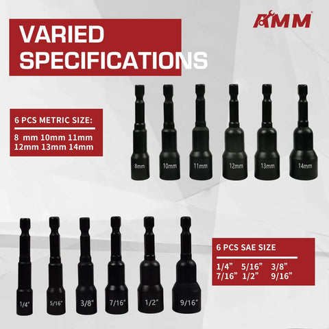 Magnetic Nut Driver Set With Chrome Vanadium Steel Twelve Piece Kit For Impact Drills Includes SAE Sizes From One Quarter Inch To Nine Sixteenths Inch And Metric From Eight To Fourteen Millimeters With One Quarter Inch Hex Shank showing varied specifications with metric and SAE sizes labeled