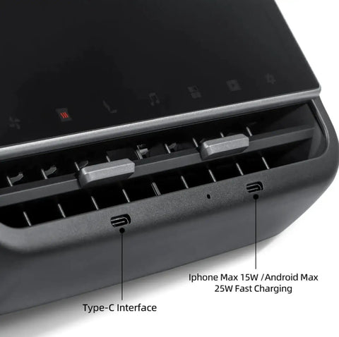 Slick Aftermarket Rear Seat Entertainment Screen For Tesla Model 3 And Model Y With 8.66 Inch HD Touchpad showing Type-C interface and fast charging.