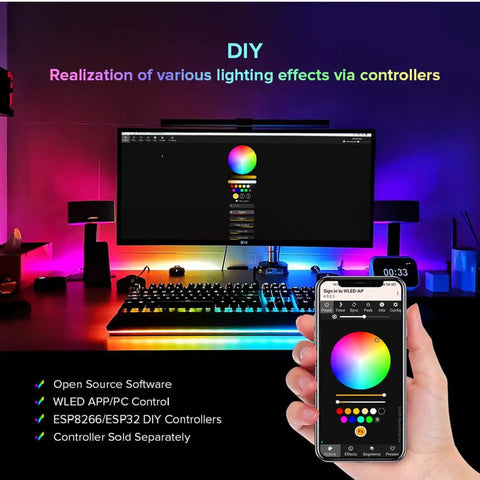 Individually Addressable RGB LED Strip 5V 144 LEDs 3.28ft 5050 SMD With Pure Gold Wires in a colorful desk setup with phone control.