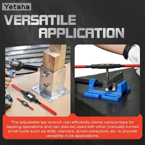 Two-Piece Adjustable Tap Wrench Handles Set With Reamer Ratcheting Action in use on metal and wood, highlighting versatility.