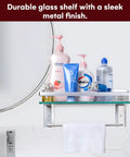 Glass Bathroom Shelf With Hand Towel Bar Wall Mounted Rectangular Storage Extra Thick Tempered Glass 15.2 x 4.5 Inches