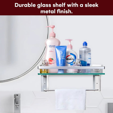 Glass Bathroom Shelf With Hand Towel Bar Wall Mounted Rectangular Storage Extra Thick Tempered Glass 15.2 x 4.5 Inches