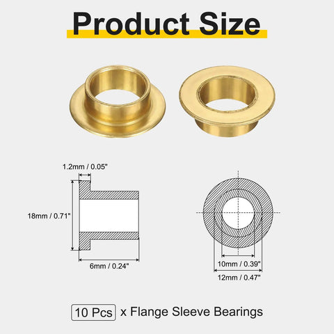 10 Pack Flange Sleeve Bearings, 10mm Bore, 12mm OD, 6mm Length, Self Lubricating Sintered Bronze Bushings With 18mm Flange, 1.2mm Flange Thickness