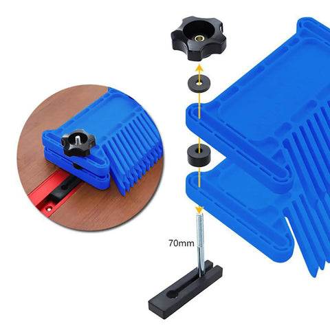 Heavy Duty Stackable Featherboard With Adjustable Miter Tracks And Dead Nuts Accurate Wood Holding Grip For Router Tables, showing blue ABS material and assembly.
