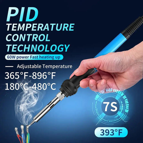 Hand using 60W Soldering Station with LCD Digital Display and Celsius Fahrenheit Readout on wires with fast heat up feature.