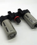 Three Unit Air Source Treatment FRL Combo For Pneumatic Systems with filter regulator lubricator in grey and black finish.