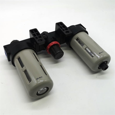 Three Unit Air Source Treatment FRL Combo For Pneumatic Systems with filter regulator lubricator in grey and black finish.