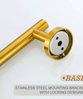 Close-up of brushed gold stainless steel mounting bracket, part of Brushed Gold 4 Piece Bathroom Hardware Set With 18 Inch Towel Bar And Toilet Paper Holder Wall Mounted SUS304 Stainless Steel Durable Bath Accessories Kit For Modern Homes.