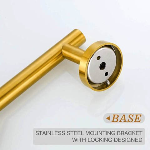 Close-up of brushed gold stainless steel mounting bracket, part of Brushed Gold 4 Piece Bathroom Hardware Set With 18 Inch Towel Bar And Toilet Paper Holder Wall Mounted SUS304 Stainless Steel Durable Bath Accessories Kit For Modern Homes.