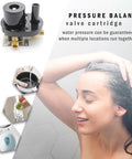 Woman showering with two way outlet shower diverter valve mixer with two handles pressure balance valve thermal limit safety stop oil rubbed bronze finish replacement shower valve kit easy install.
