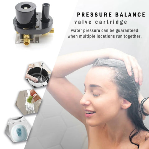 Woman showering with two way outlet shower diverter valve mixer with two handles pressure balance valve thermal limit safety stop oil rubbed bronze finish replacement shower valve kit easy install.