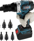 No Strings Attached Heavy Duty Cordless Rivet Gun With 5.2 Ah Battery and Slick LED light, holding various size rivet nuts.