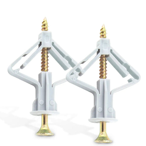 Heavy Duty Butterfly Drywall Anchors Kit With Self Drilling Screws Knockout Hollow Wall Fasteners for no sweat setup, ribbed nylon tubes, gray color.
