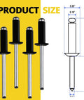 Black Aluminum Pop Rivets Kit 100 Pack 3/16 By 1 Inch Closed End Rivets With Large Head shown with product size dimensions