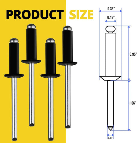 Black Aluminum Pop Rivets Kit 100 Pack 3/16 By 1 Inch Closed End Rivets With Large Head shown with product size dimensions