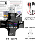 USB C Tester 2 In 1 Digital Multimeter with Color IPS Screen, clip cable, and OTG adapter on display with manual in background.