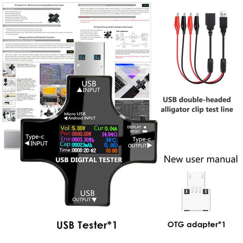 USB C Tester 2 In 1 Digital Multimeter with Color IPS Screen, clip cable, and OTG adapter on display with manual in background.