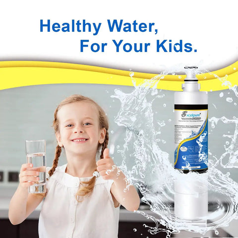 Child holding water glass next to Premium Refrigerator Water Filter Replacement 0.5 Micron Coconut Activated Charcoal For Whirlpool.