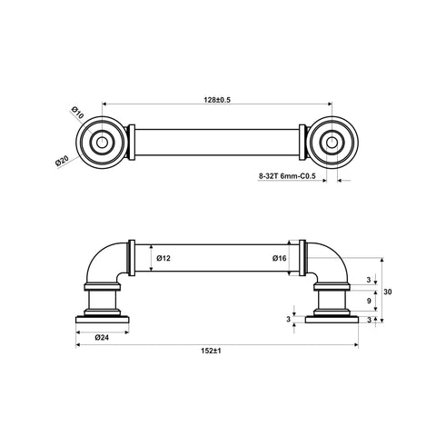 Technical drawing of Ten Pack Matte Black Industrial Pipe Style Cabinet Pulls with dimensions, center to center 128mm, 6in overall length.