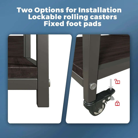 Close-up of lockable rolling casters and foot pads on Beefed Up Heavy Duty 3D Printer Stand With Double Layer Filament Storage Rack