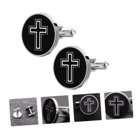 Cross Cufflinks For Men In Polished Titanium Steel With Black Finish Dope And Elegant Decorative Fasteners For Shirts