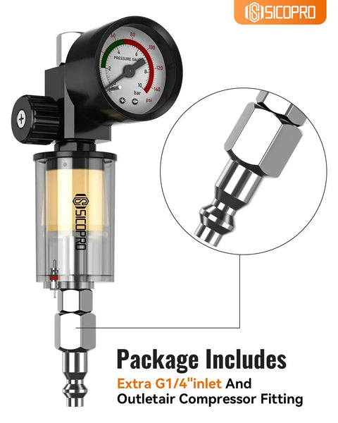 Inline Air Compressor Water And Oil Separator Filter With Pressure Gauge, 1/4 Inch Inlet showing components and gauge close-up