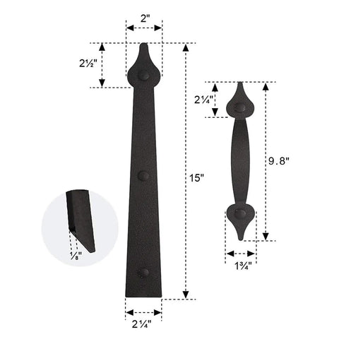 Heavy Duty Decorative Garage Door Hardware Kit Featuring Tough As Nails Steel Handles And Silent Damping Hinges 15 inch steel hinge and handle dimensions.